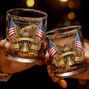 The States 250th Anniversary The Liberty States Patriotic Eagle and Liberty Bell - Personalized Custom Whiskey Glass - INDE462_RWG