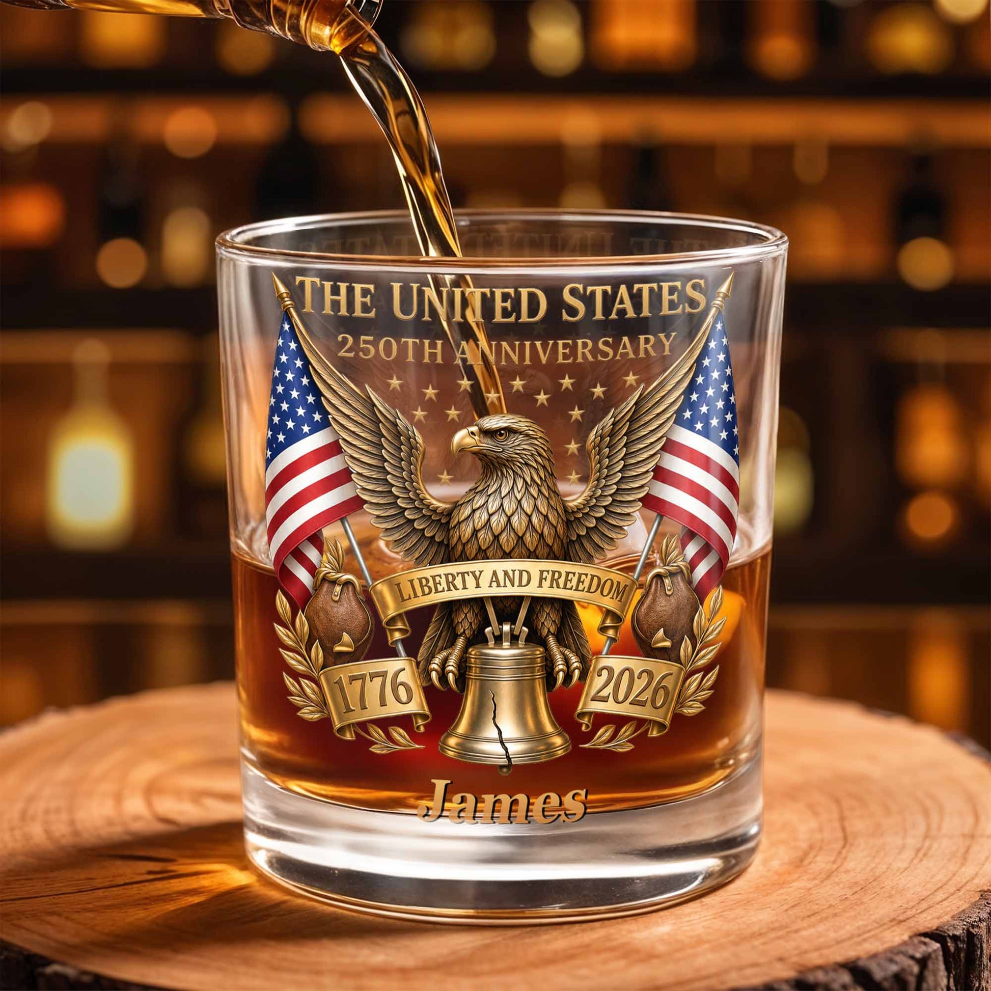 The States 250th Anniversary The Liberty States Patriotic Eagle and Liberty Bell - Personalized Custom Whiskey Glass - INDE462_RWG