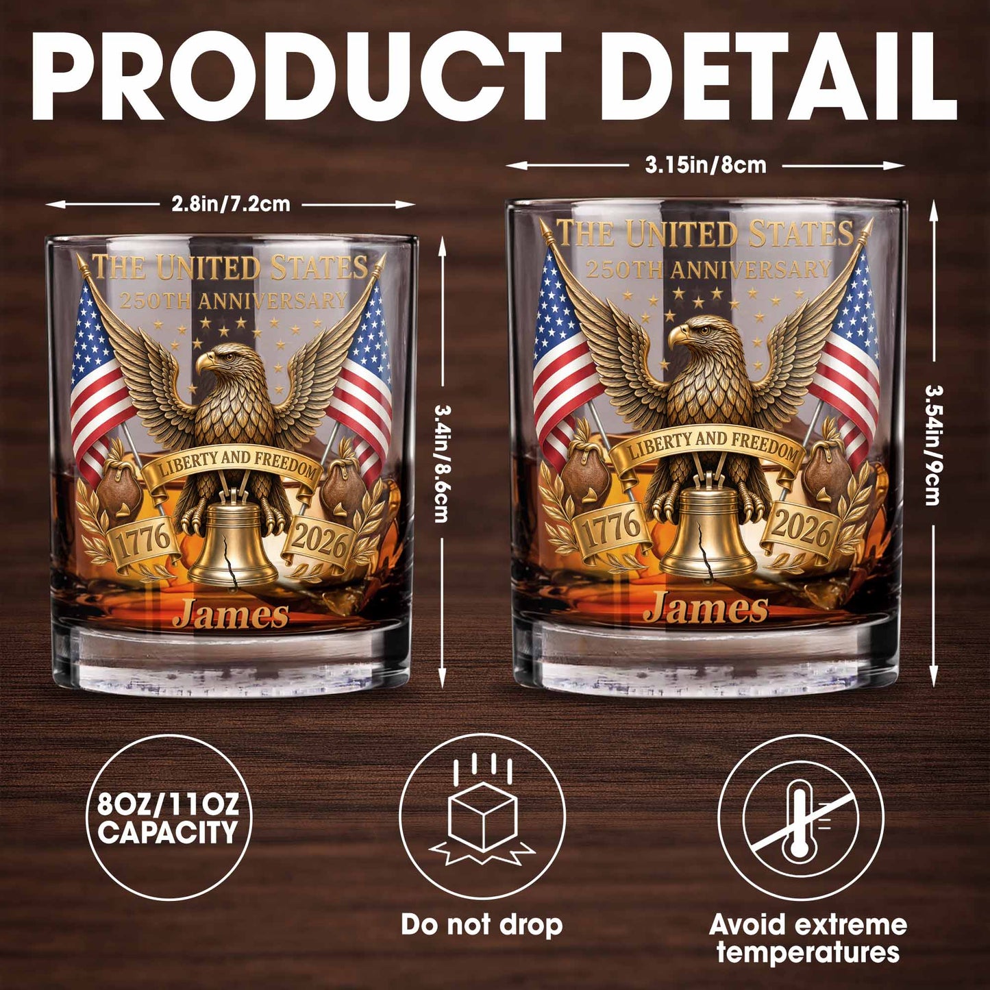The States 250th Anniversary The Liberty States Patriotic Eagle and Liberty Bell - Personalized Custom Whiskey Glass - INDE462_RWG