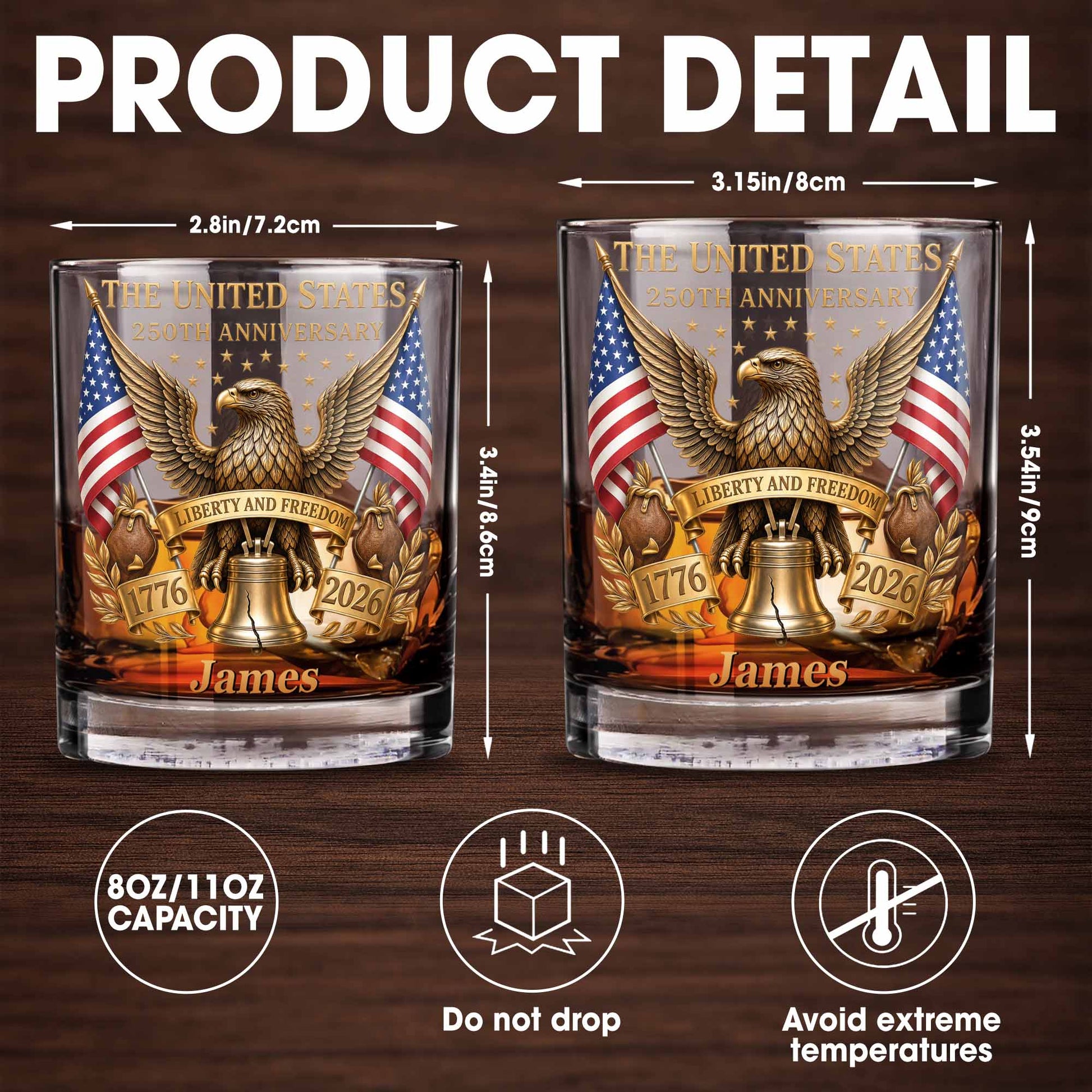 The States 250th Anniversary The Liberty States Patriotic Eagle and Liberty Bell - Personalized Custom Whiskey Glass - INDE462_RWG