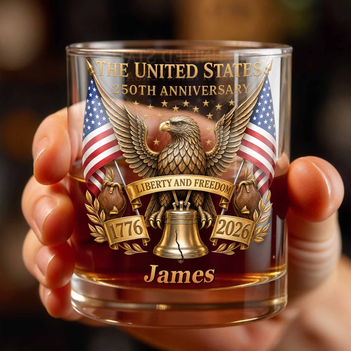 The States 250th Anniversary The Liberty States Patriotic Eagle and Liberty Bell - Personalized Custom Whiskey Glass - INDE462_RWG