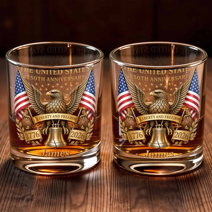 The States 250th Anniversary The Liberty States Patriotic Eagle and Liberty Bell - Personalized Custom Whiskey Glass - INDE462_RWG