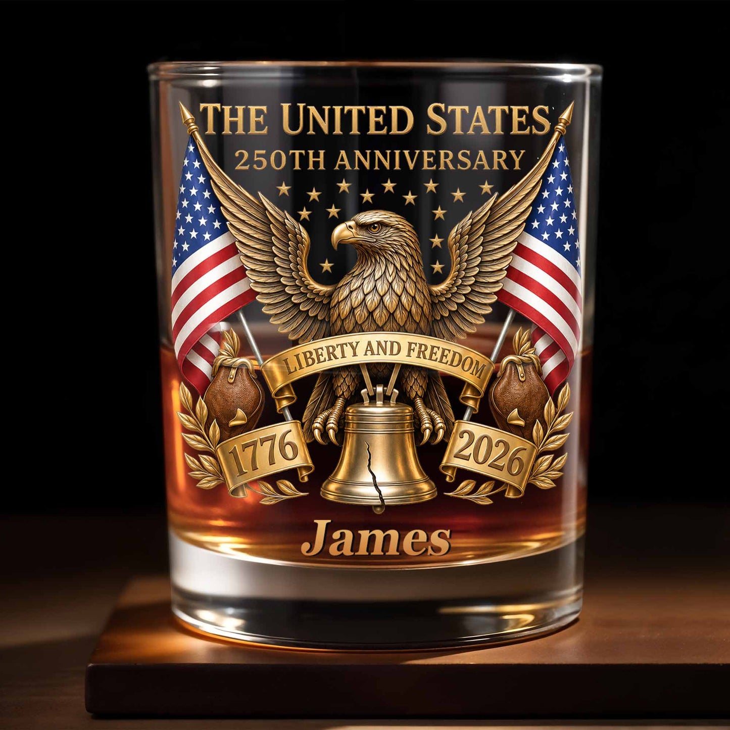 The States 250th Anniversary The Liberty States Patriotic Eagle and Liberty Bell - Personalized Custom Whiskey Glass - INDE462_RWG