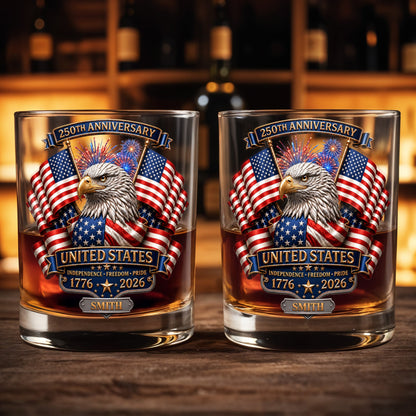 United States Independence Freedom Pride With Eagle And USA Flag - Personalized Custom Whiskey Glass - INDE466_RWG