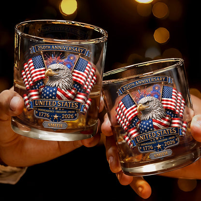 United States Independence Freedom Pride With Eagle And USA Flag - Personalized Custom Whiskey Glass - INDE466_RWG