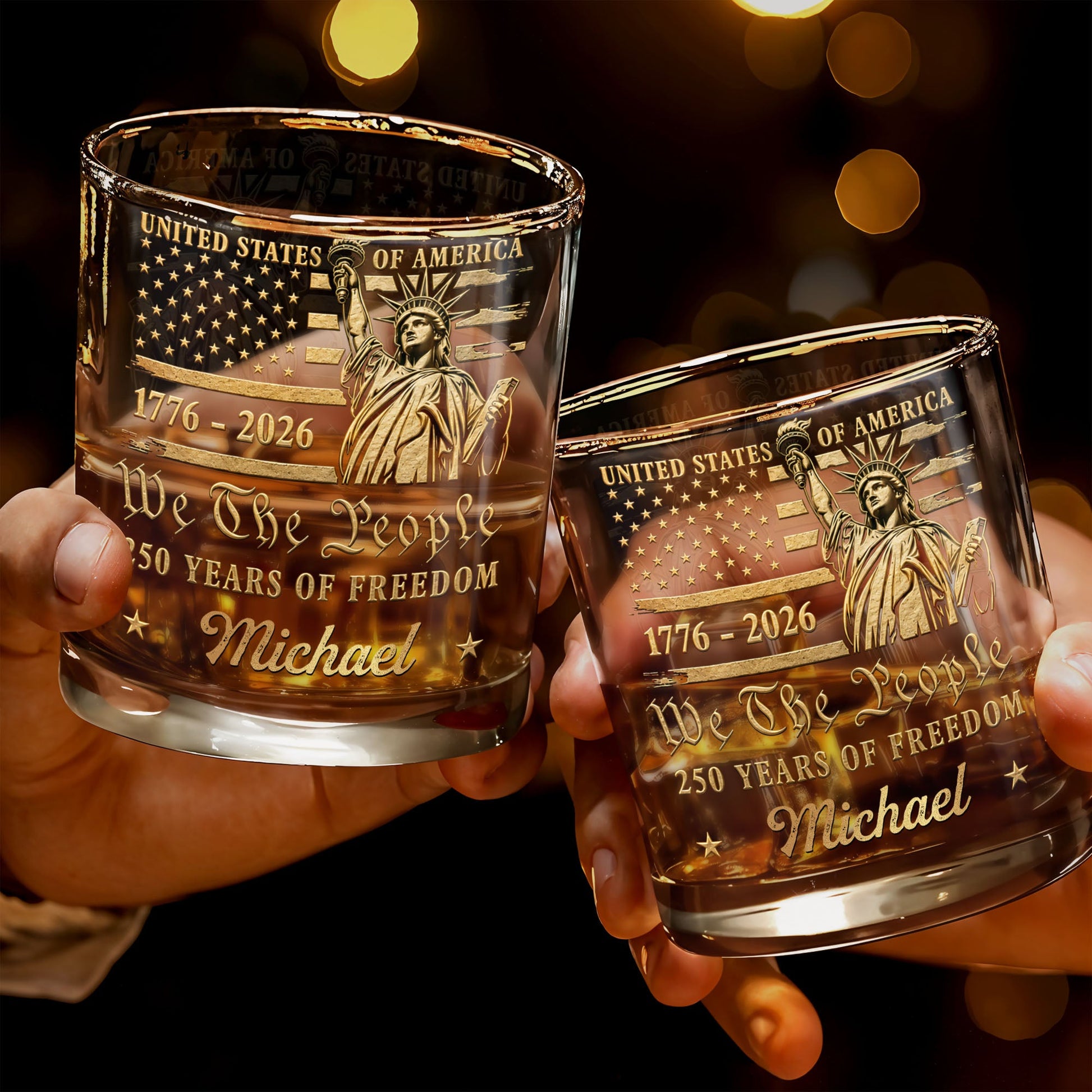 We The People 250 Years Of Freedom Statue Of Liberty And American Flag - Personalized Custom Whiskey Glass - INDE473_RWG