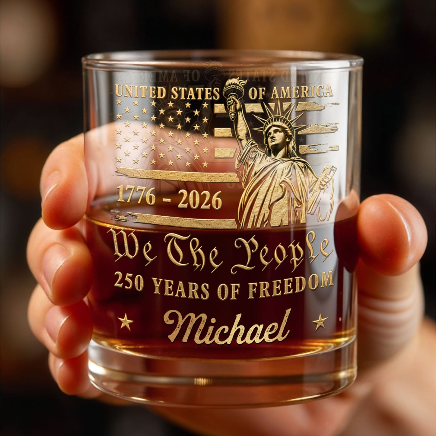 We The People 250 Years Of Freedom Statue Of Liberty And American Flag - Personalized Custom Whiskey Glass - INDE473_RWG