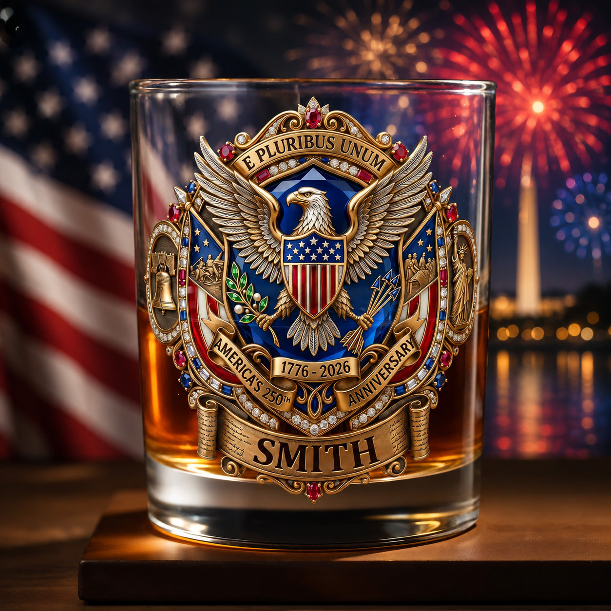 E Pluribus Unum America's 250th Anniversary Eagle Shield Emblem - Personalized Custom Whiskey Glass - INDE475_RWG