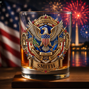 E Pluribus Unum America's 250th Anniversary Eagle Shield Emblem - Personalized Custom Whiskey Glass - INDE475_RWG