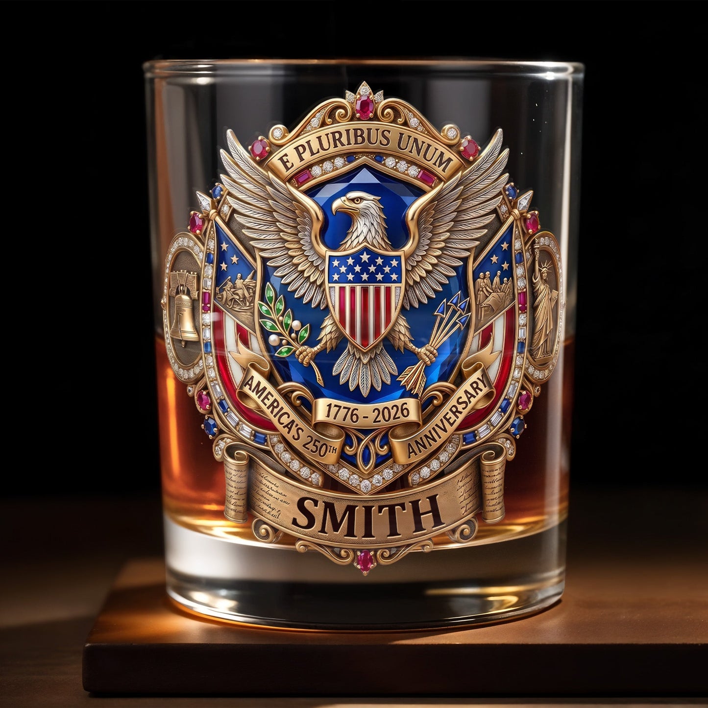 E Pluribus Unum America's 250th Anniversary Eagle Shield Emblem - Personalized Custom Whiskey Glass - INDE475_RWG