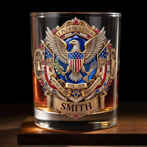 E Pluribus Unum America's 250th Anniversary Eagle Shield Emblem - Personalized Custom Whiskey Glass - INDE475_RWG