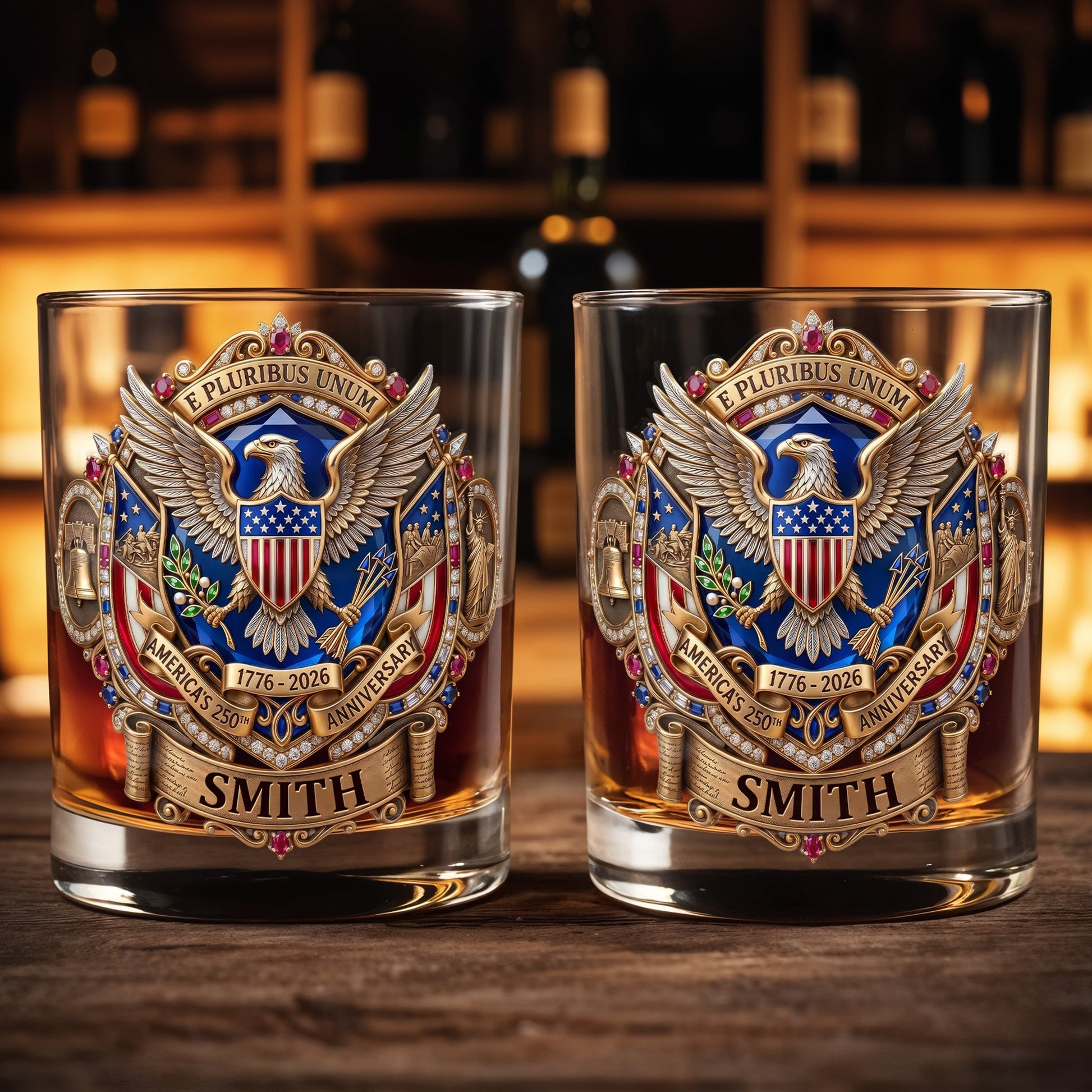 E Pluribus Unum America's 250th Anniversary Eagle Shield Emblem - Personalized Custom Whiskey Glass - INDE475_RWG