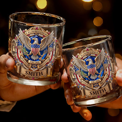 E Pluribus Unum America's 250th Anniversary Eagle Shield Emblem - Personalized Custom Whiskey Glass - INDE475_RWG