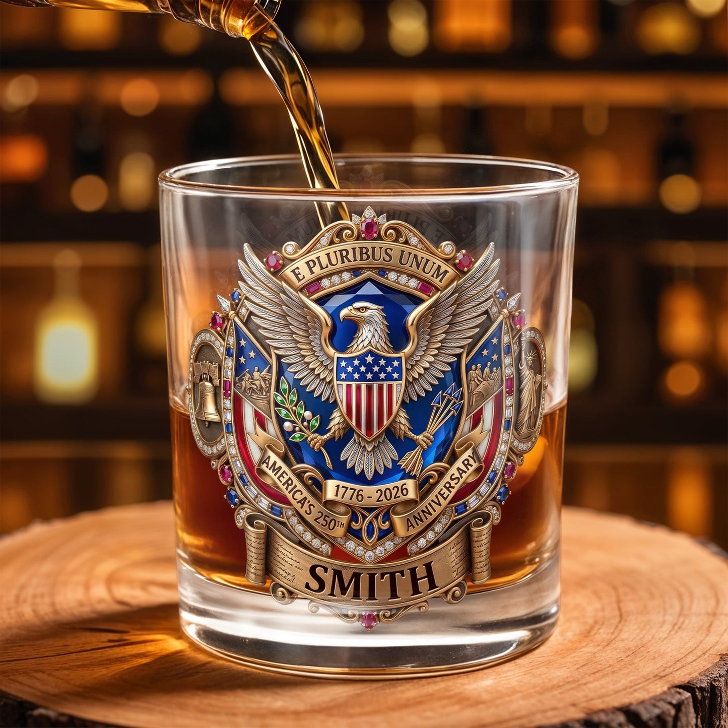 E Pluribus Unum America's 250th Anniversary Eagle Shield Emblem - Personalized Custom Whiskey Glass - INDE475_RWG