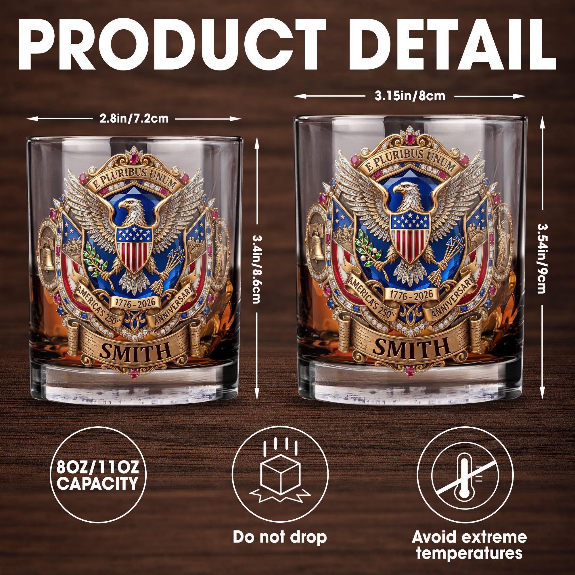 E Pluribus Unum America's 250th Anniversary Eagle Shield Emblem - Personalized Custom Whiskey Glass - INDE475_RWG