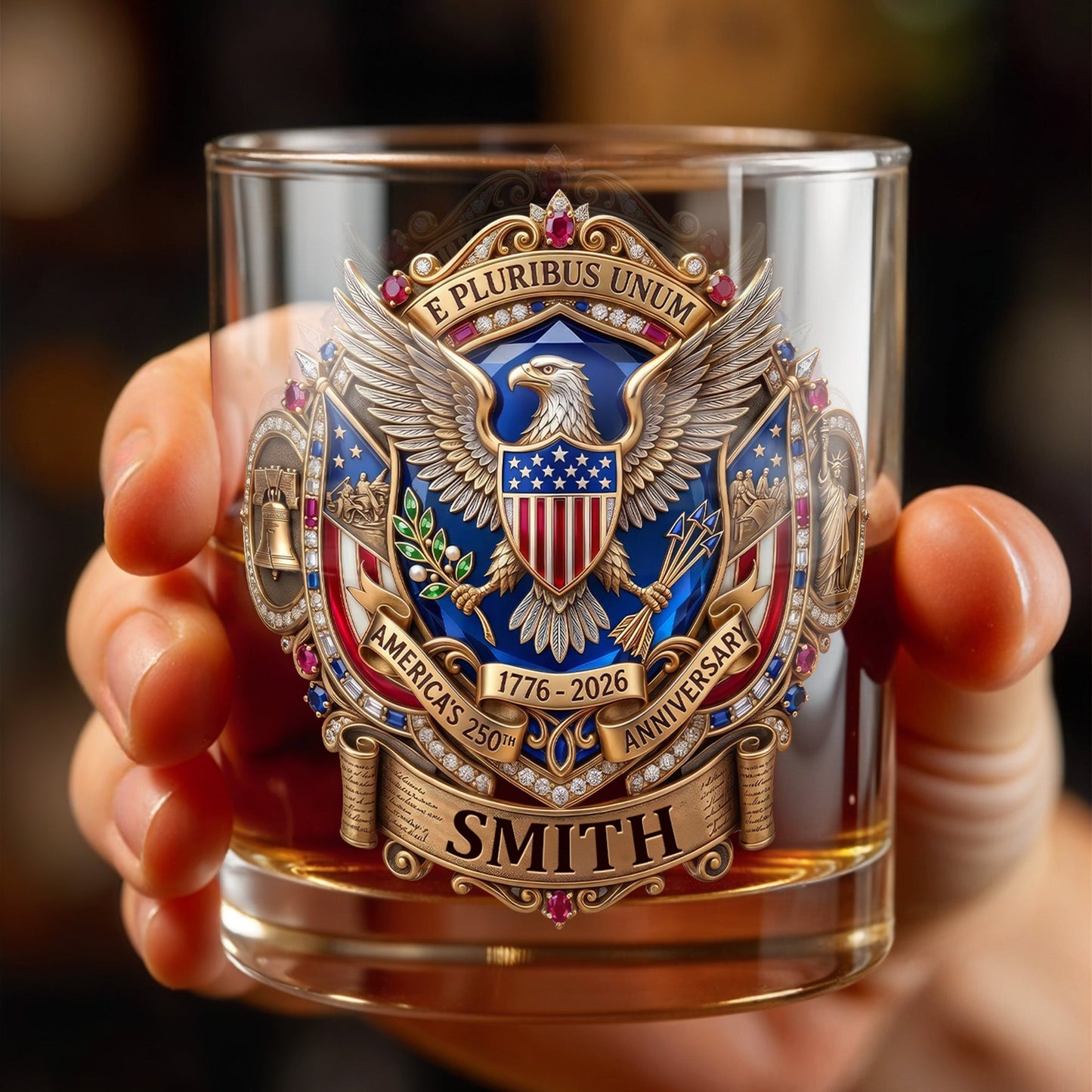 E Pluribus Unum America's 250th Anniversary Eagle Shield Emblem - Personalized Custom Whiskey Glass - INDE475_RWG