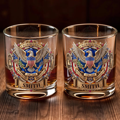 E Pluribus Unum America's 250th Anniversary Eagle Shield Emblem - Personalized Custom Whiskey Glass - INDE475_RWG