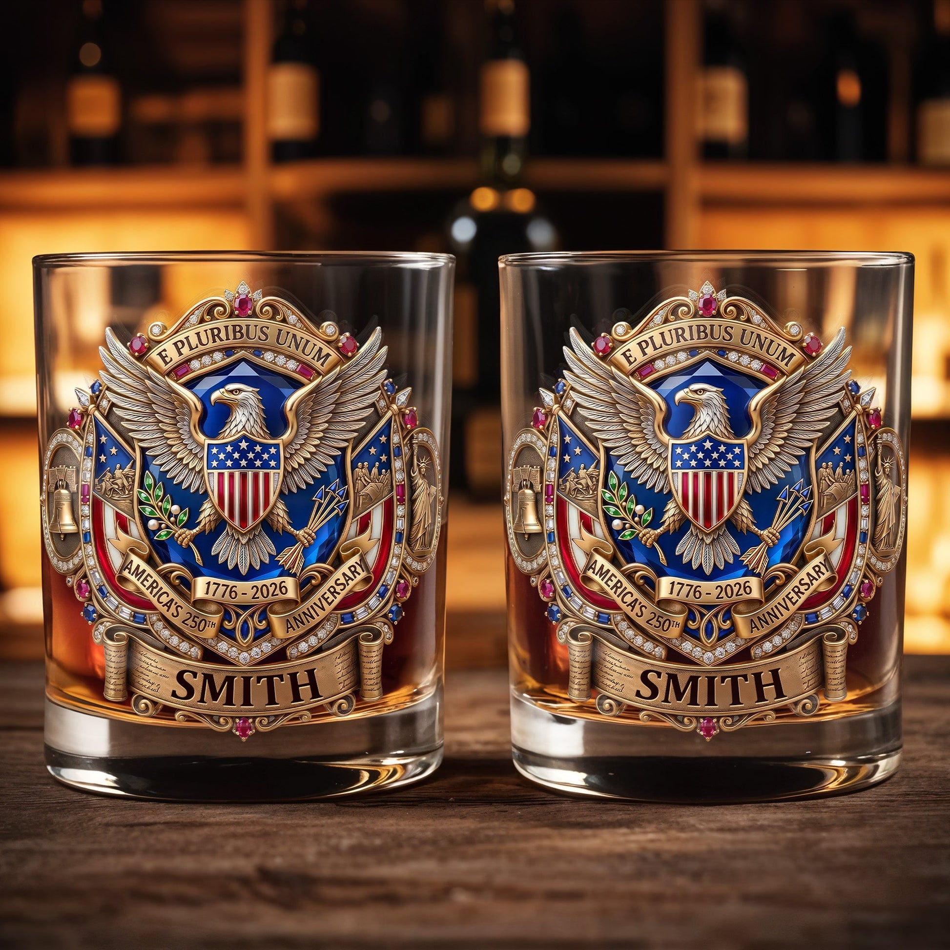 E Pluribus Unum America's 250th Anniversary Eagle Shield Emblem - Personalized Custom Whiskey Glass - INDE475_RWG