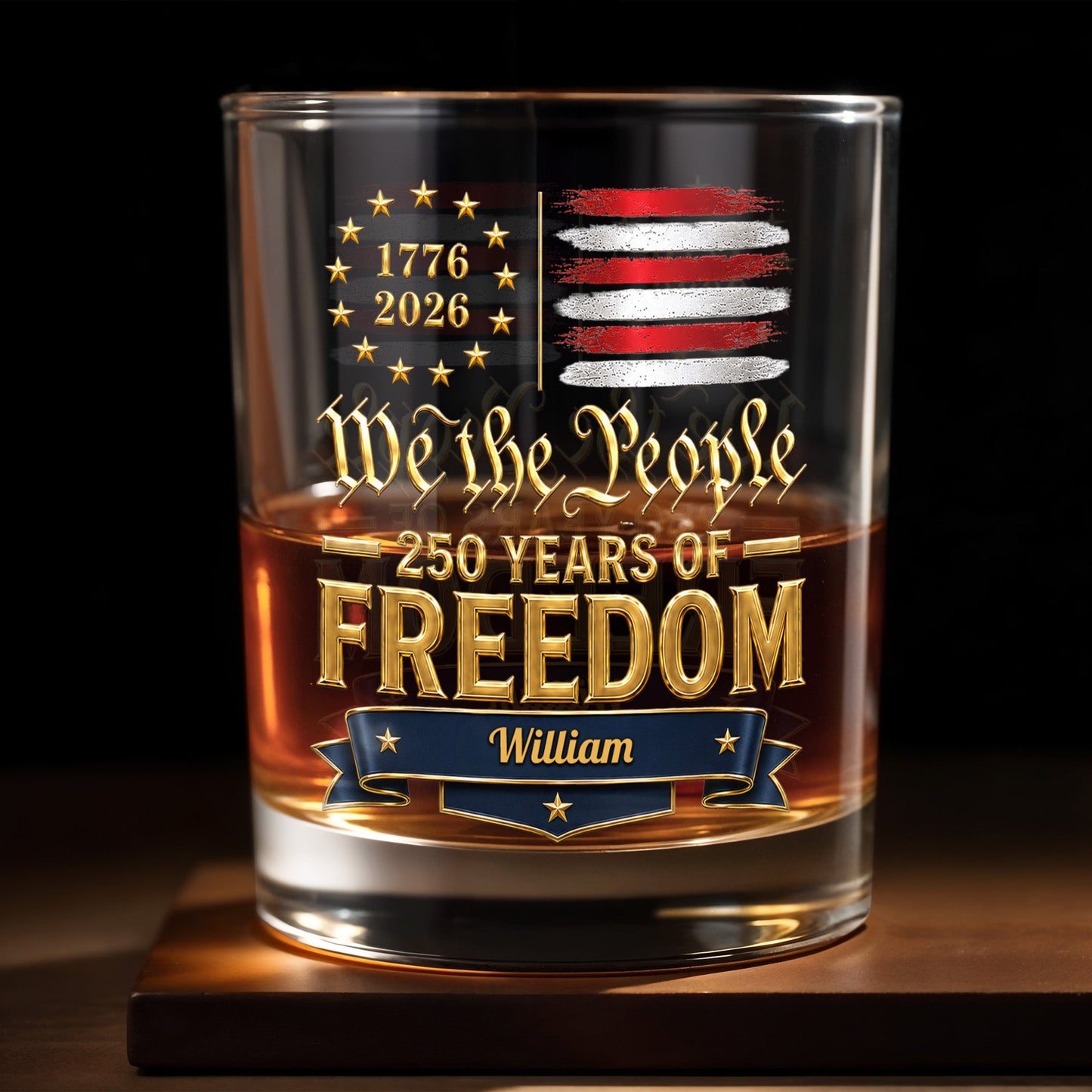 We The People 250 Years Of Freedom American Flag Stars - Personalized Custom Whiskey Glass - INDE485_RWG