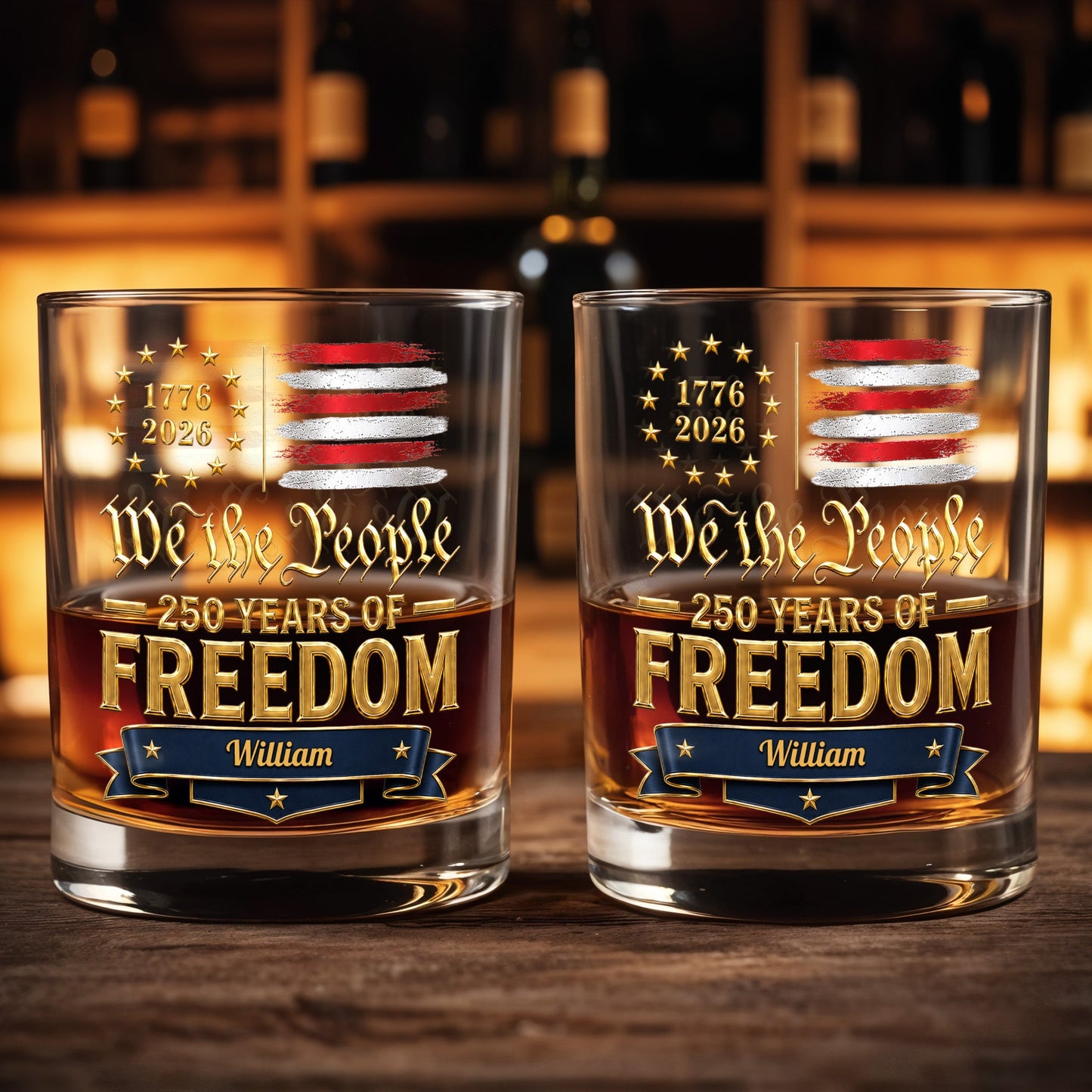 We The People 250 Years Of Freedom American Flag Stars - Personalized Custom Whiskey Glass - INDE485_RWG
