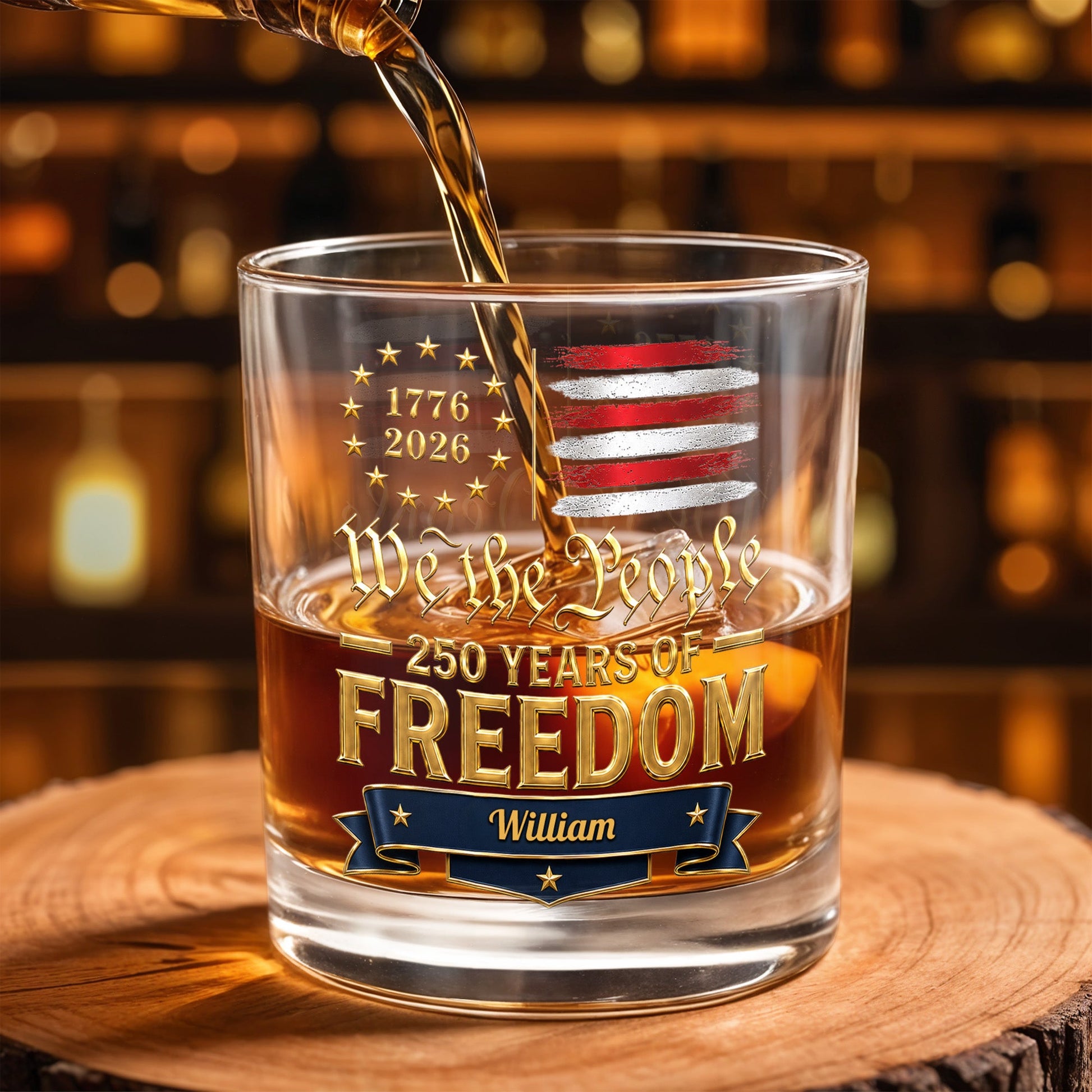We The People 250 Years Of Freedom American Flag Stars - Personalized Custom Whiskey Glass - INDE485_RWG