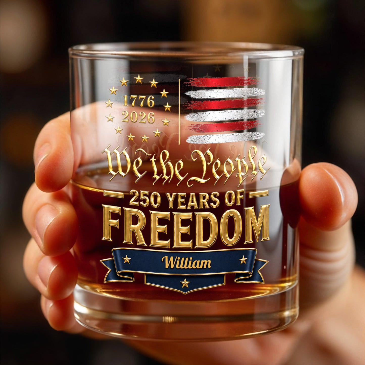 We The People 250 Years Of Freedom American Flag Stars - Personalized Custom Whiskey Glass - INDE485_RWG