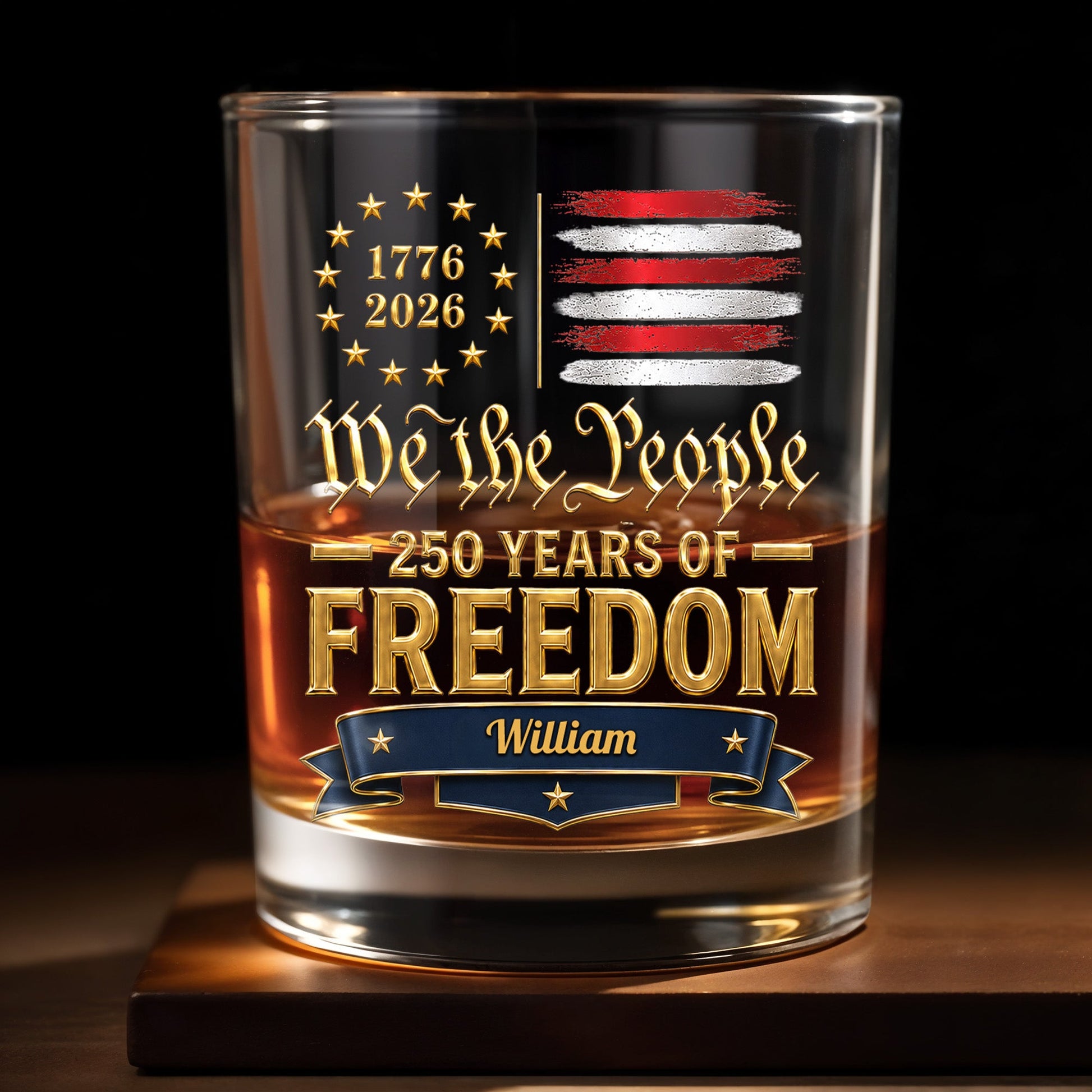 We The People 250 Years Of Freedom American Flag Stars - Personalized Custom Whiskey Glass - INDE485_RWG