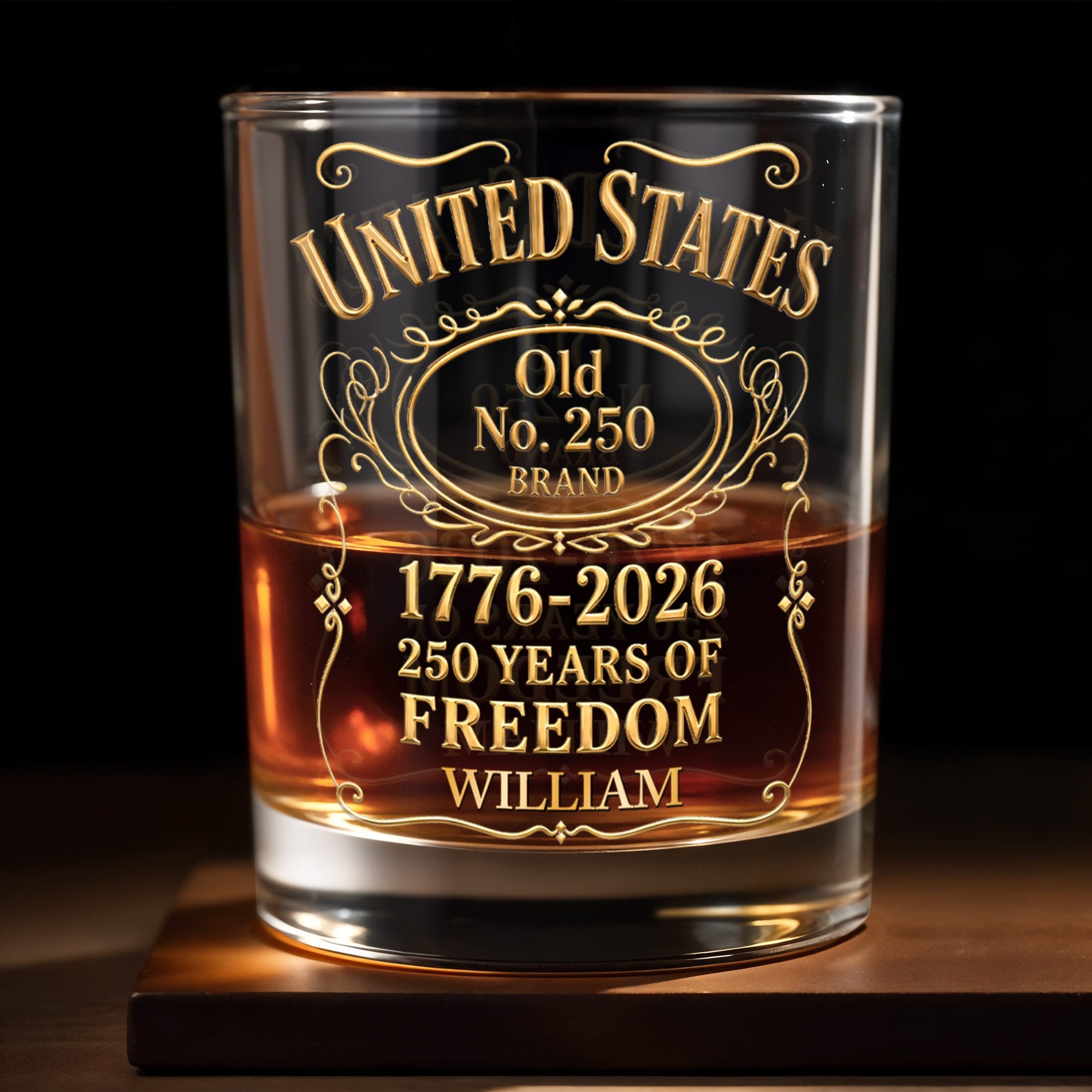 United States Old No. Brand Years Of Freedom Vintage Scrollwork - Personalized Custom Whiskey Glass - INDE488_RWG