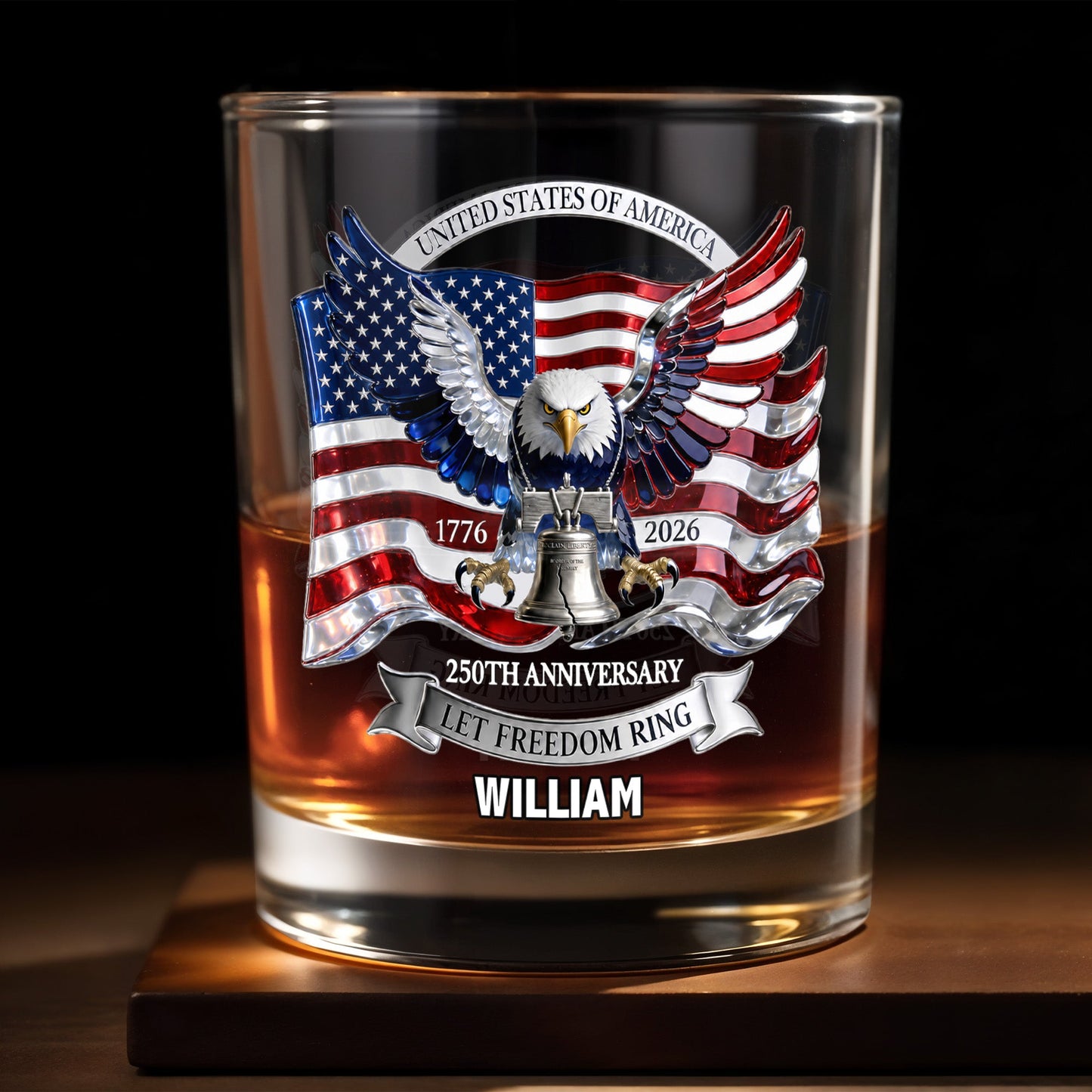 United States Of America 250th Anniversary Let Freedom Ring Eagle Flag - Personalized Custom Whiskey Glass - INDE505_RWG