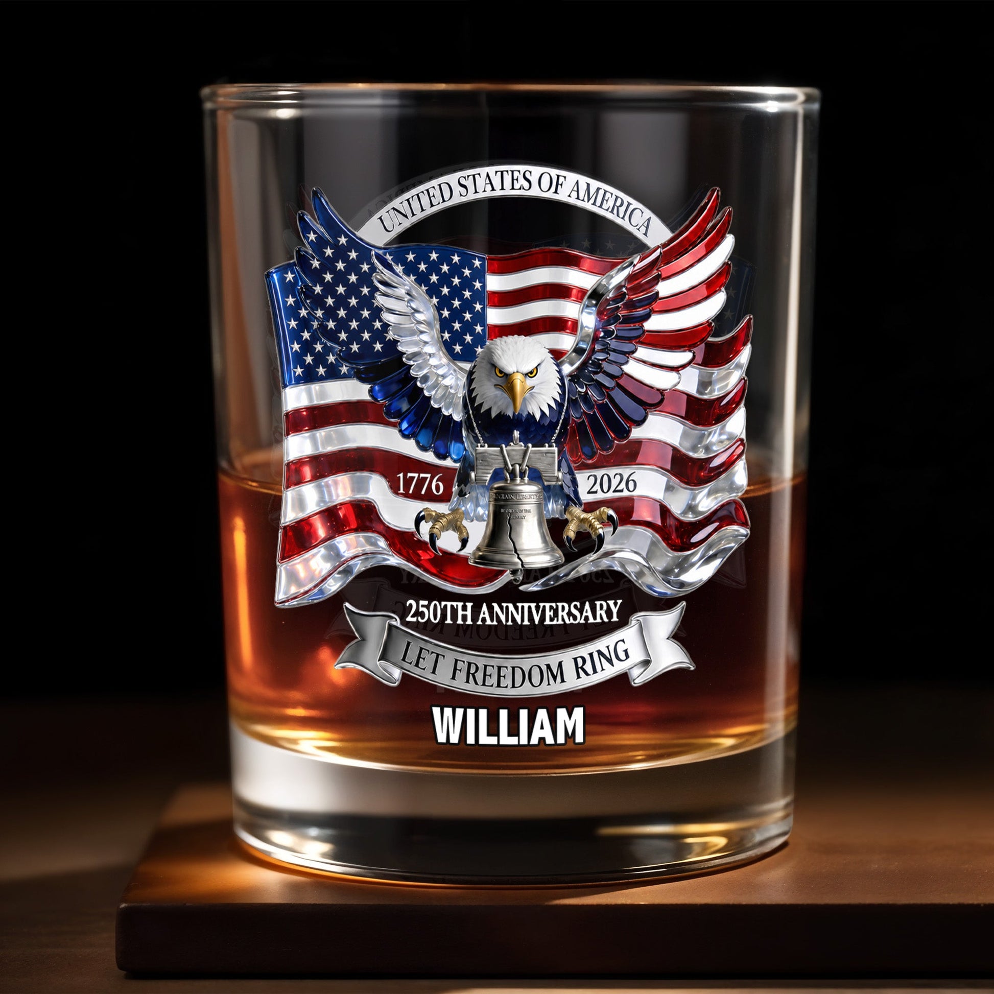 United States Of America 250th Anniversary Let Freedom Ring Eagle Flag - Personalized Custom Whiskey Glass - INDE505_RWG
