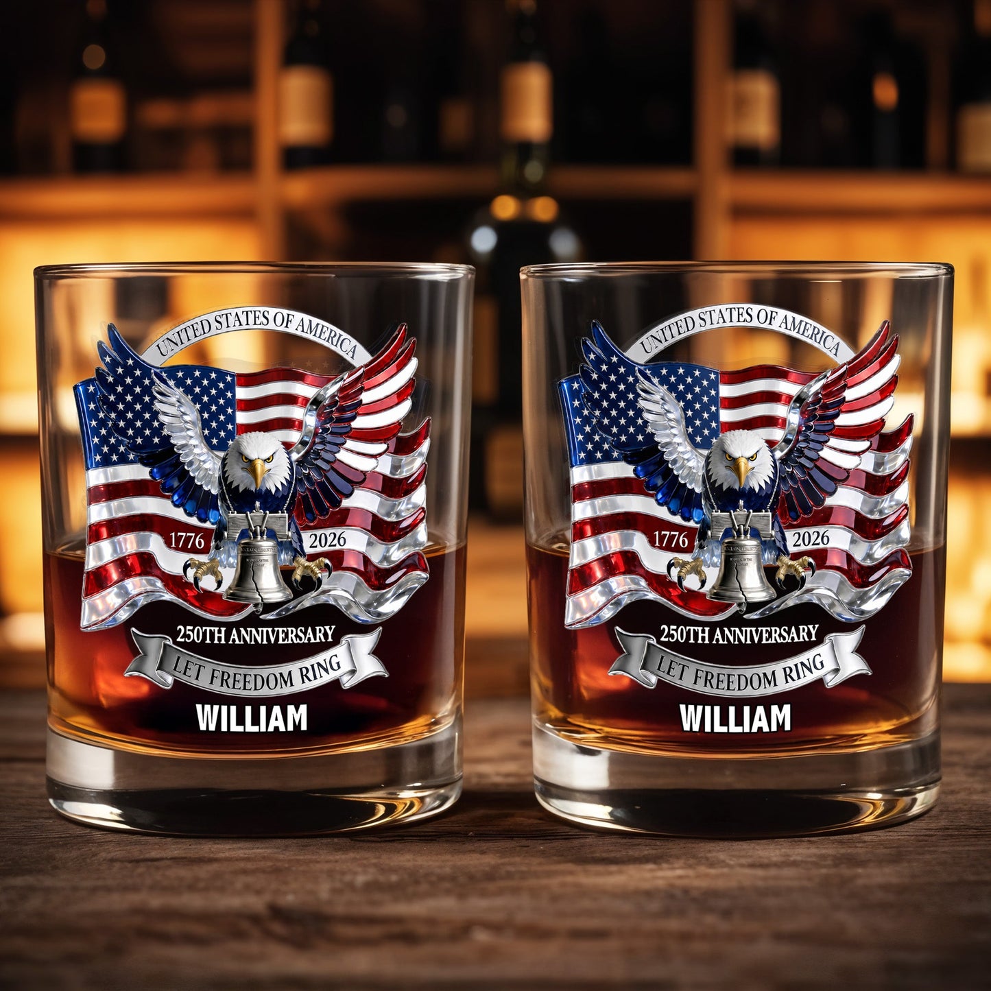 United States Of America 250th Anniversary Let Freedom Ring Eagle Flag - Personalized Custom Whiskey Glass - INDE505_RWG