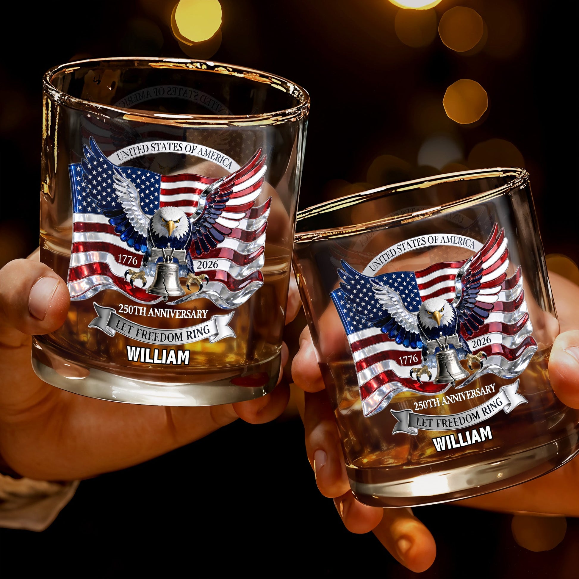 United States Of America 250th Anniversary Let Freedom Ring Eagle Flag - Personalized Custom Whiskey Glass - INDE505_RWG