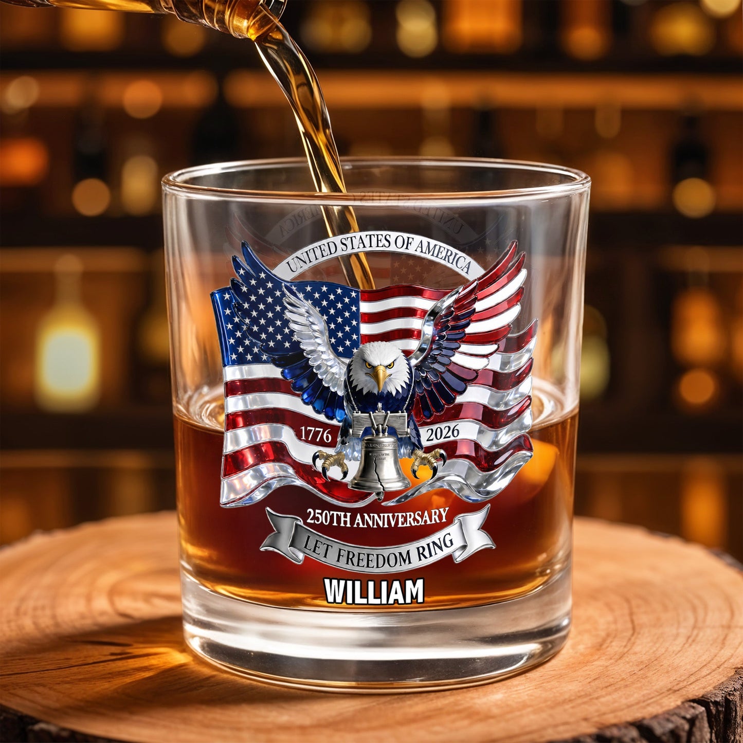 United States Of America 250th Anniversary Let Freedom Ring Eagle Flag - Personalized Custom Whiskey Glass - INDE505_RWG