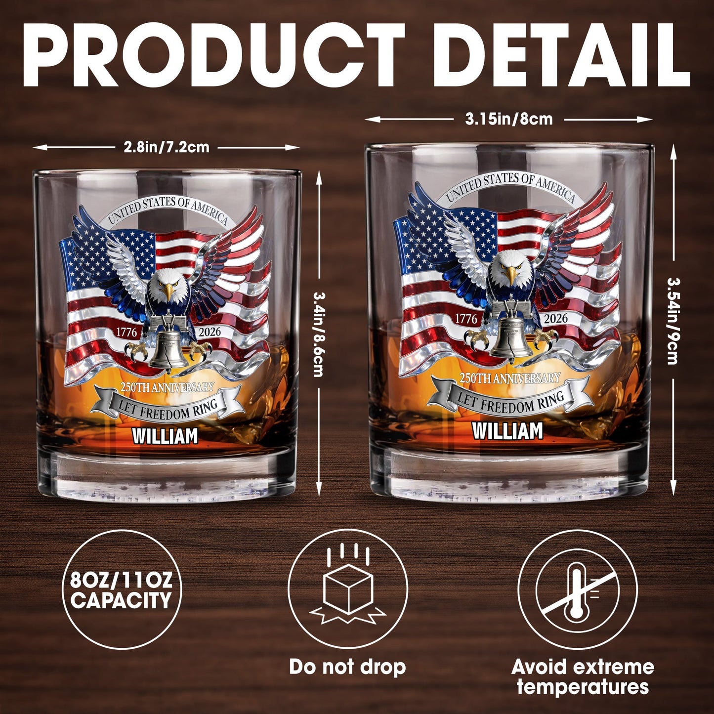 United States Of America 250th Anniversary Let Freedom Ring Eagle Flag - Personalized Custom Whiskey Glass - INDE505_RWG