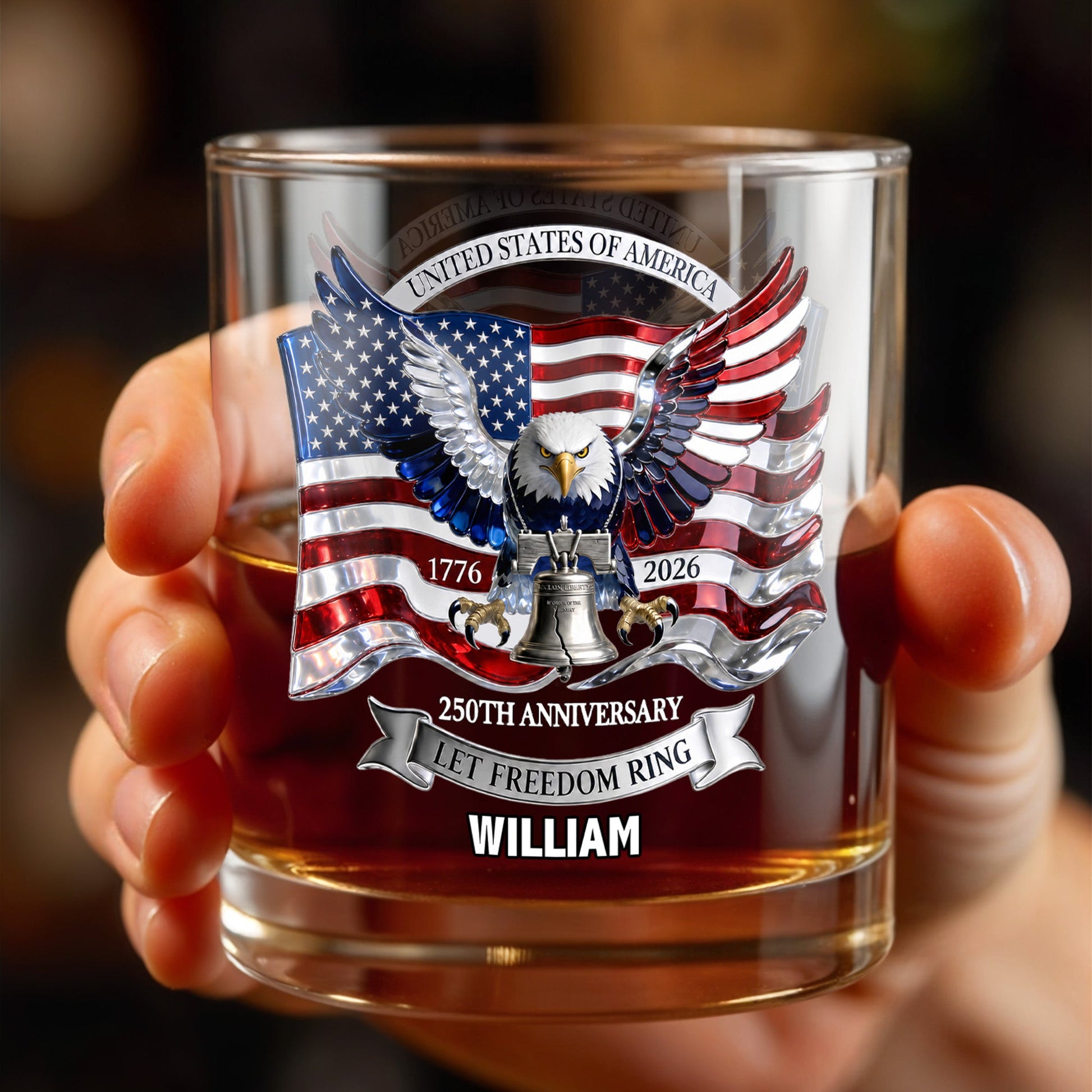 United States Of America 250th Anniversary Let Freedom Ring Eagle Flag - Personalized Custom Whiskey Glass - INDE505_RWG