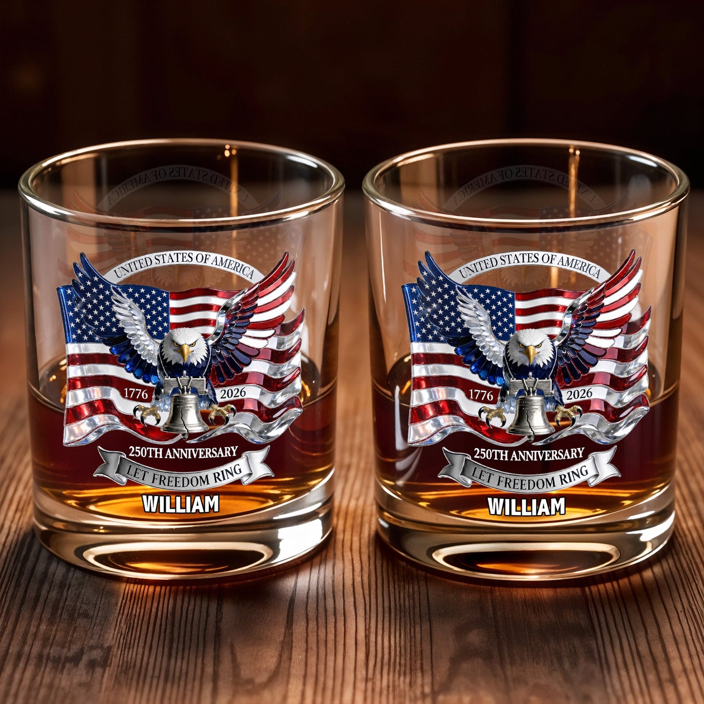 United States Of America 250th Anniversary Let Freedom Ring Eagle Flag - Personalized Custom Whiskey Glass - INDE505_RWG