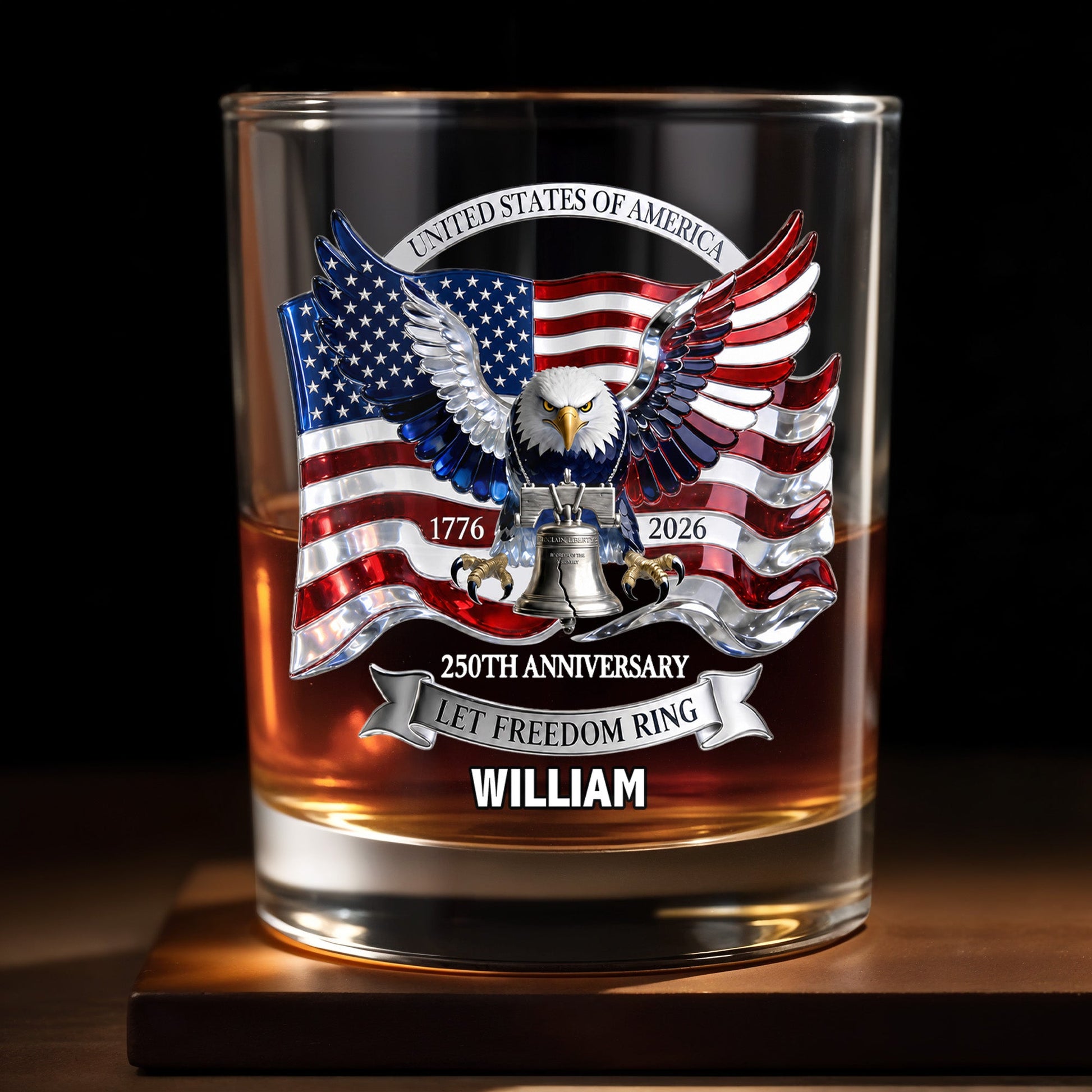 United States Of America 250th Anniversary Let Freedom Ring Eagle Flag - Personalized Custom Whiskey Glass - INDE505_RWG