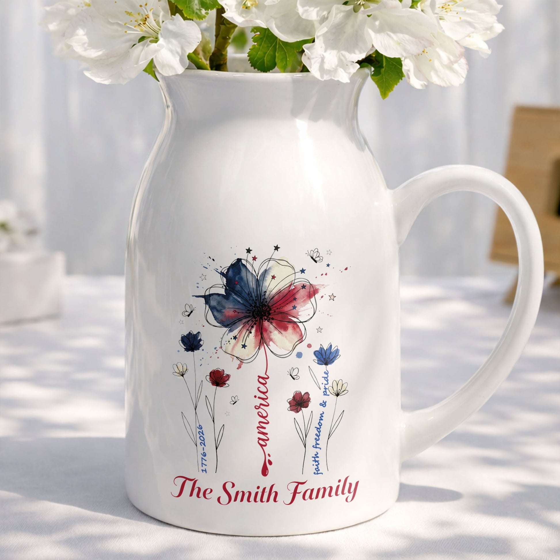 America Faith Freedom And Pride Patriotic USA Flag Flower - Personalized Ceramic Flower Vase