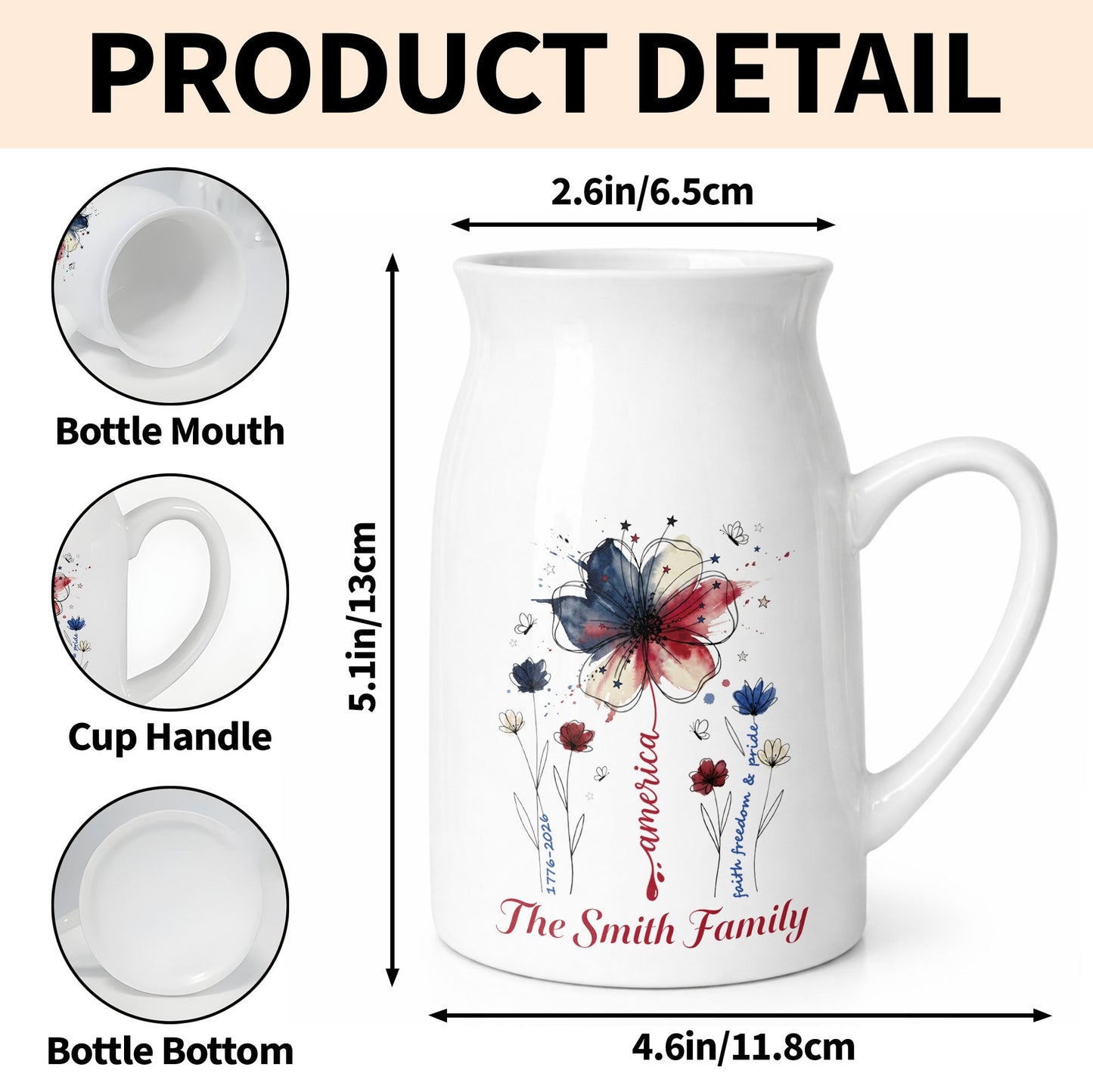 America Faith Freedom And Pride Patriotic USA Flag Flower - Personalized Ceramic Flower Vase