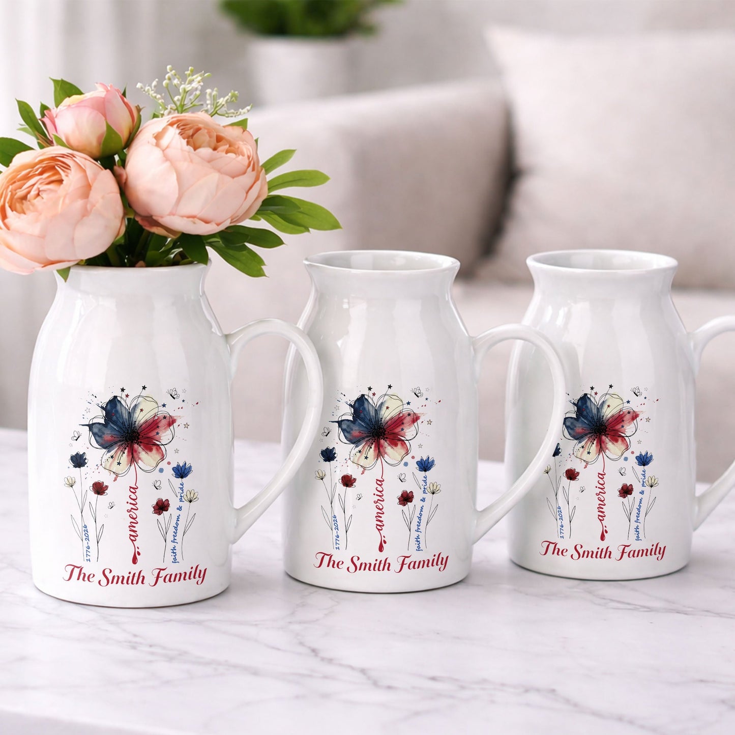 America Faith Freedom And Pride Patriotic USA Flag Flower - Personalized Ceramic Flower Vase