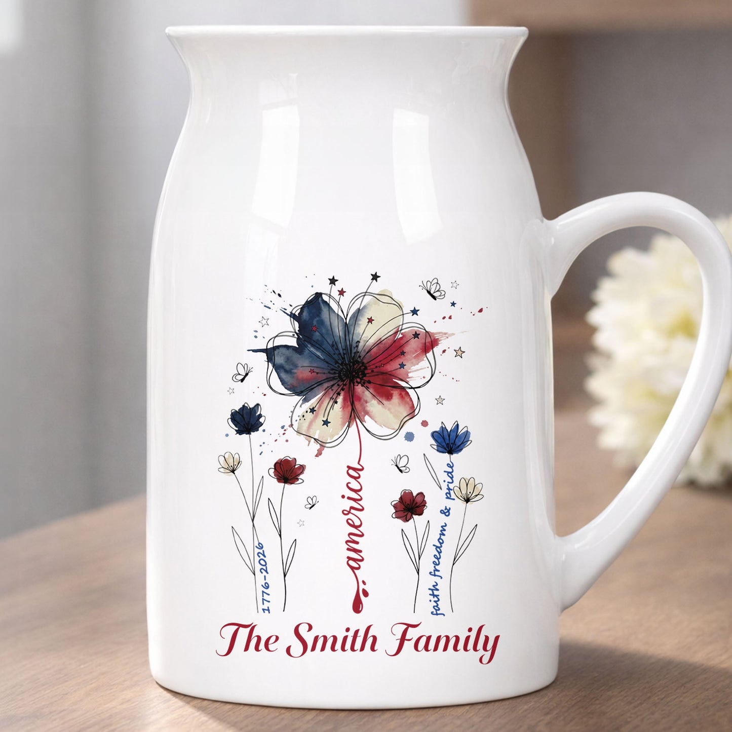 America Faith Freedom And Pride Patriotic USA Flag Flower - Personalized Ceramic Flower Vase