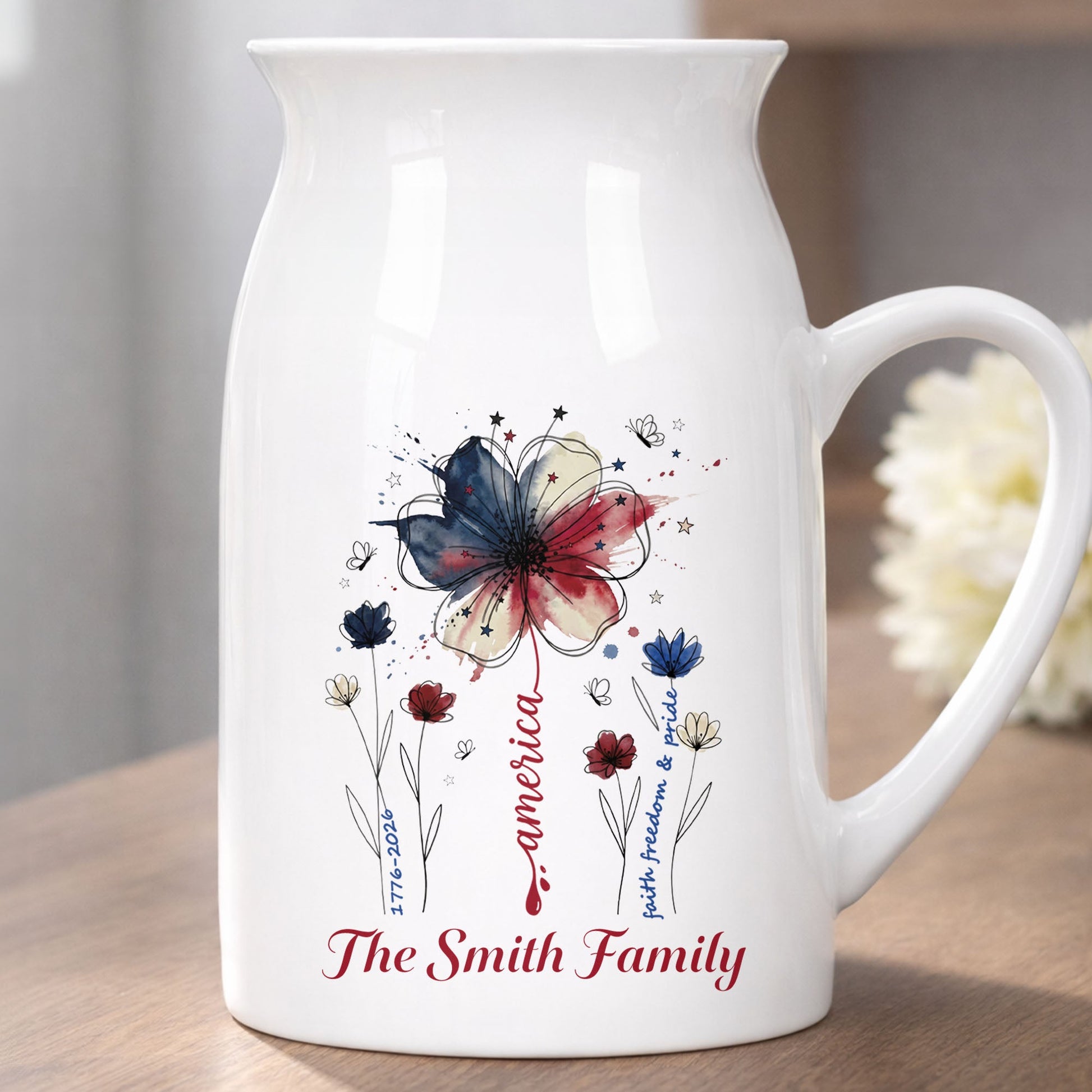 America Faith Freedom And Pride Patriotic USA Flag Flower - Personalized Ceramic Flower Vase