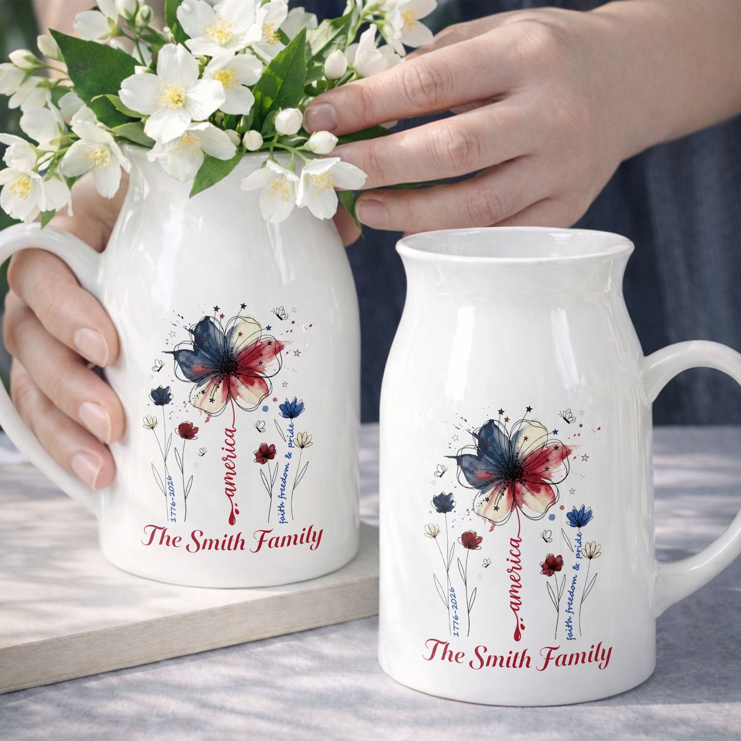 America Faith Freedom And Pride Patriotic USA Flag Flower - Personalized Ceramic Flower Vase
