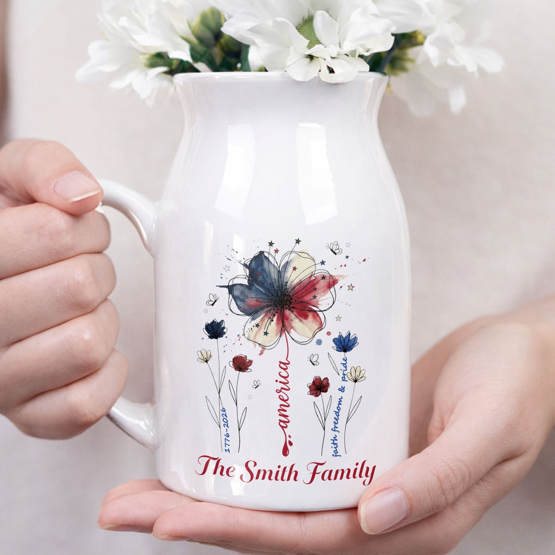 America Faith Freedom And Pride Patriotic USA Flag Flower - Personalized Ceramic Flower Vase