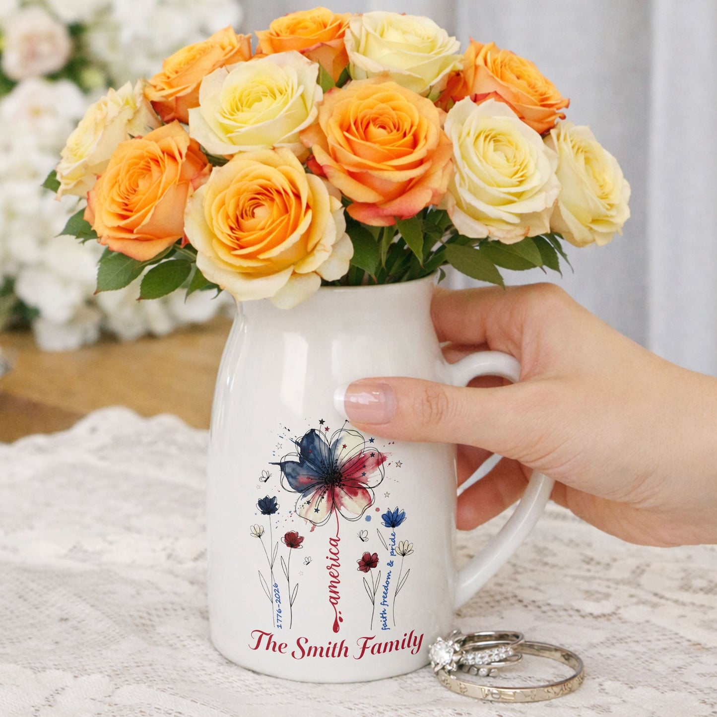 America Faith Freedom And Pride Patriotic USA Flag Flower - Personalized Ceramic Flower Vase