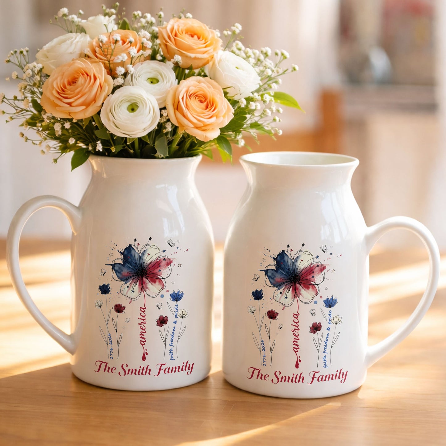 America Faith Freedom And Pride Patriotic USA Flag Flower - Personalized Ceramic Flower Vase