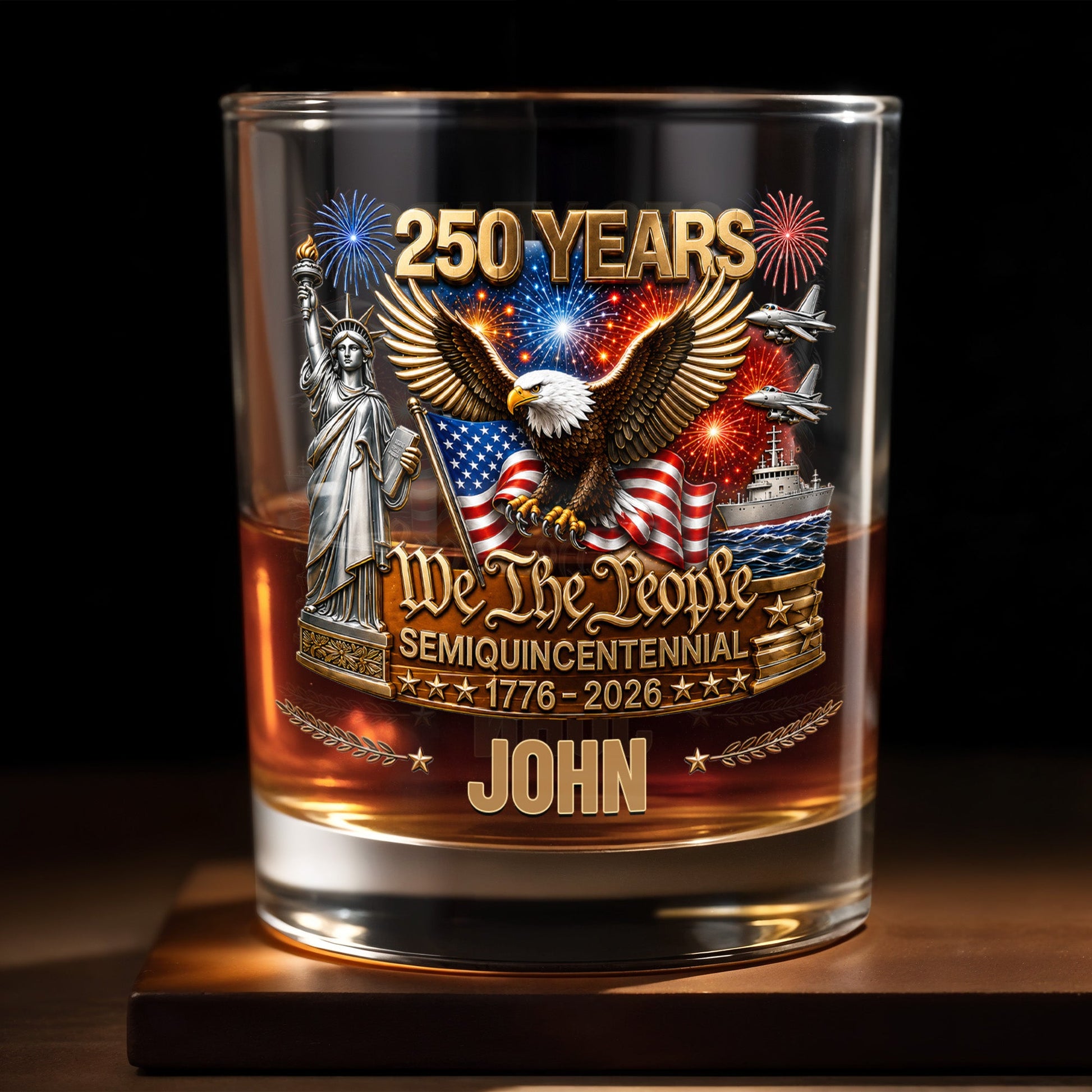 We The People Semiquincentennial Patriotic Eagle And Statue Of Liberty - Personalized Custom Whiskey Glass - INDE522_RWG
