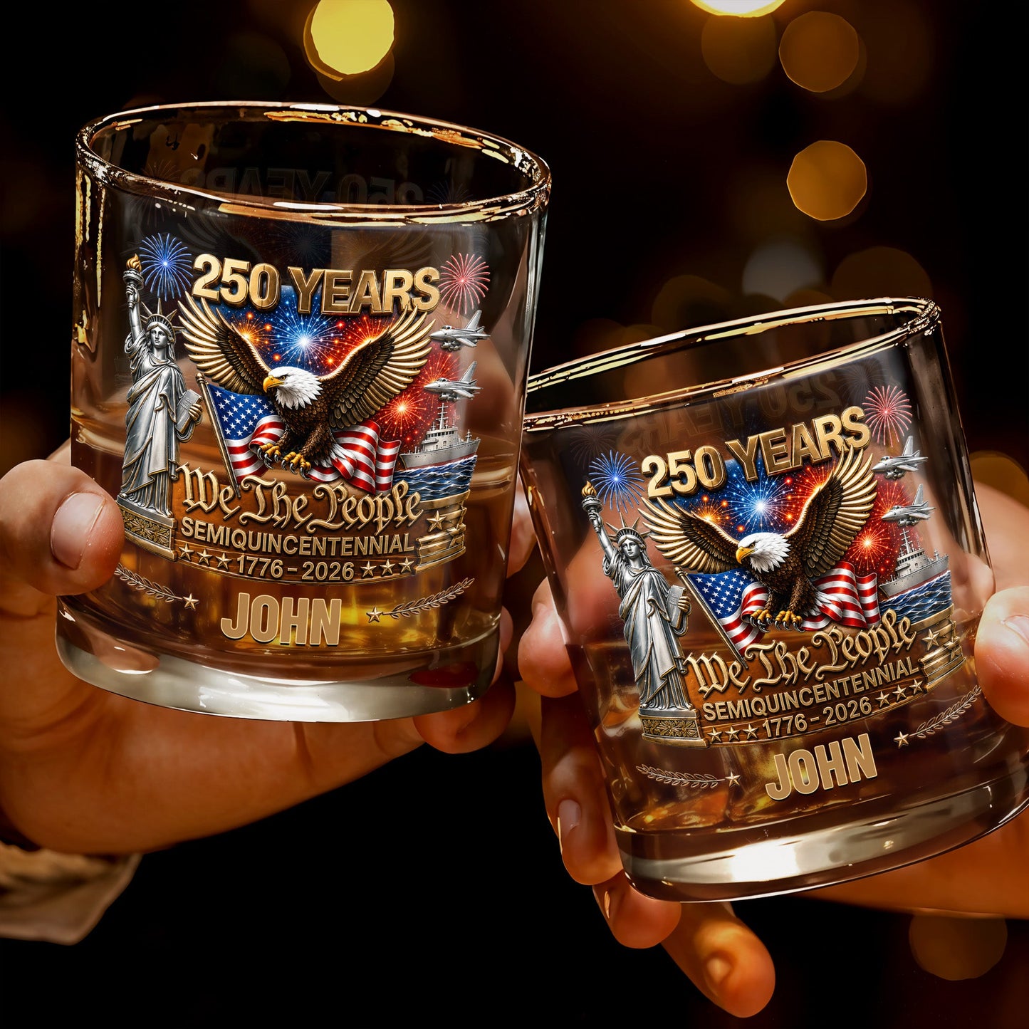 We The People Semiquincentennial Patriotic Eagle And Statue Of Liberty - Personalized Custom Whiskey Glass - INDE522_RWG