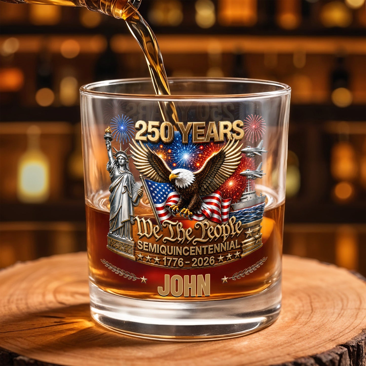 We The People Semiquincentennial Patriotic Eagle And Statue Of Liberty - Personalized Custom Whiskey Glass - INDE522_RWG
