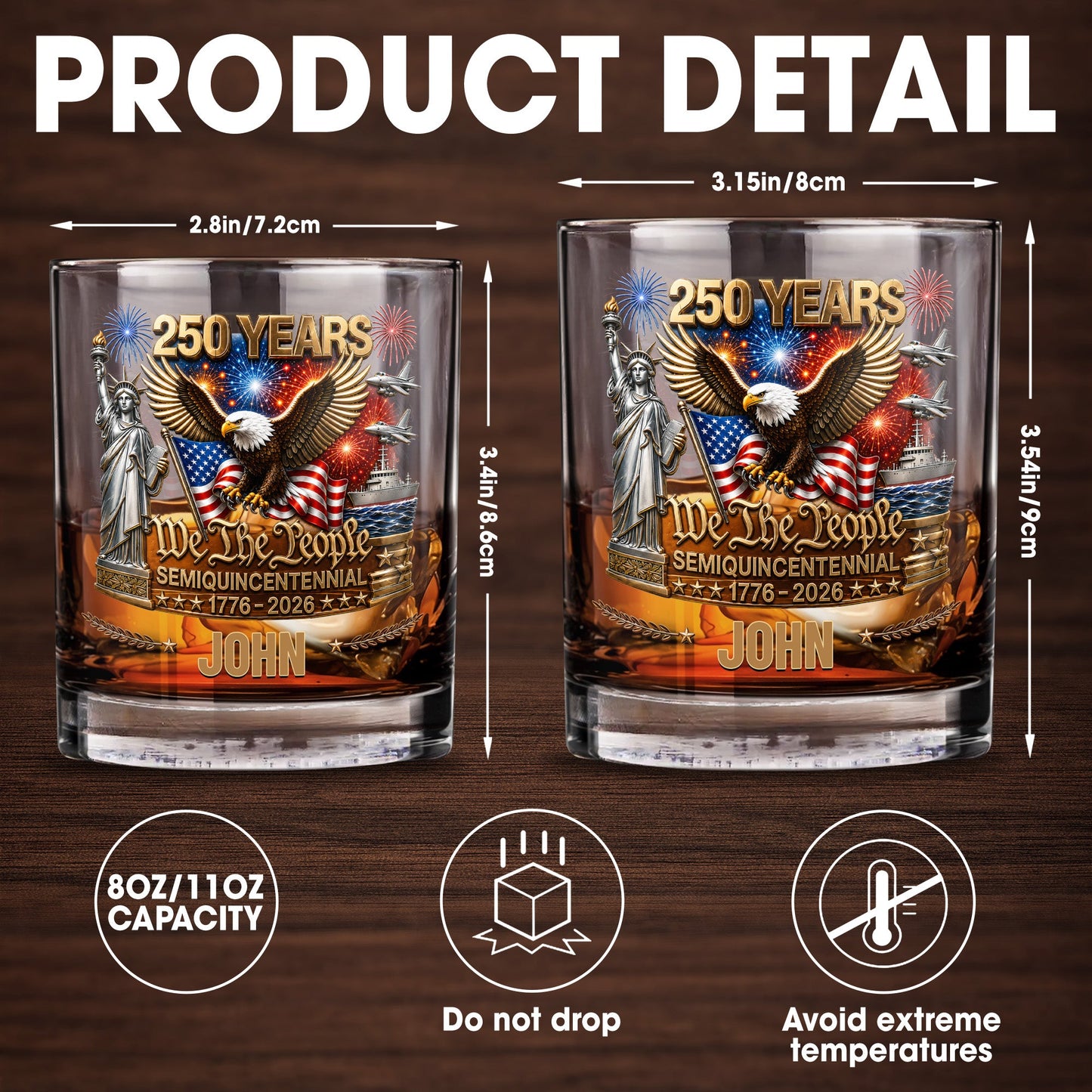 We The People Semiquincentennial Patriotic Eagle And Statue Of Liberty - Personalized Custom Whiskey Glass - INDE522_RWG